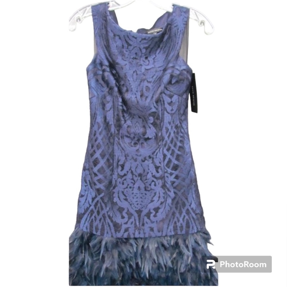 David Meister Dress with Gorgeous Blue Feathers, size 4, NWT